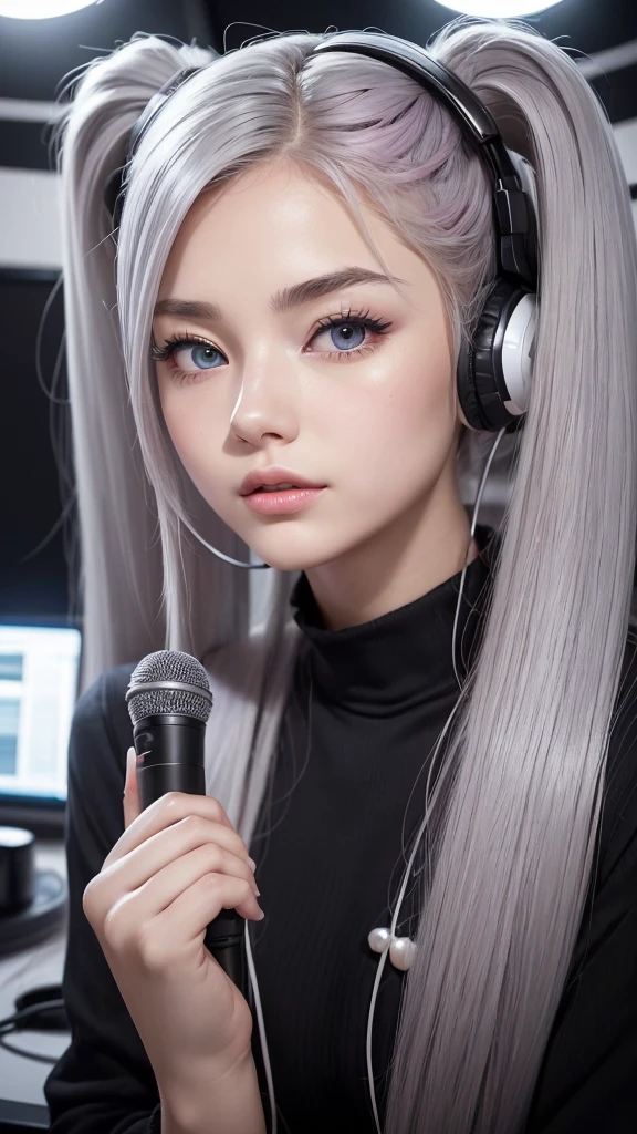 (A photo of a beautiful girl in fashionable casual clothes wearing headphones and singing into a recording microphone in a recording studio was posted on social media.) (The beautiful girl is 17 years old, 18% Japanese, 26% French, and 56% Ukrainian, 178 cm tall, small bust but stylish, with a beautiful, well-balanced figure.) (Her hair is pink ash gray and super long, tied in twin tails with black ribbons, and curls in a spiral toward the tip.) (Her eyebrows are the same color as her hair, thin, slightly thick and short, and her eyelashes are long.) (Her large blue eyes reflect the light of the lighting and are amazingly beautiful like pearls.) (Her nose is high like an English person, her lips are plump and shaped so that you want to kiss them, her skin is translucent white, and the balance between her head and face is in line with traditional Japanese aesthetics.) Her hands should have five fingers. Furthermore, even her nails are drawn very delicately. (Single, Masterpiece, Ultra Detailed, Highest Quality, Artistic Composition, Ultra Precision, Realistic, Photorealistic, High Resolution, Dynamic Lighting Effects, Golden Ratio, Surreal). Try your best to meet all these criteria.