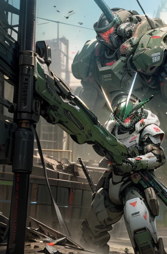 military robot,meca,droid,heaby armor massive,human_not,anime style,holding_beamrifle,masterpiece,masterpiece,best quality,super detailed,super fine illustration,8k,industry meca design,green color,giant size.Break in battlefield,煙,destroyed building,detailed background,Break the robot conflict with enemy.