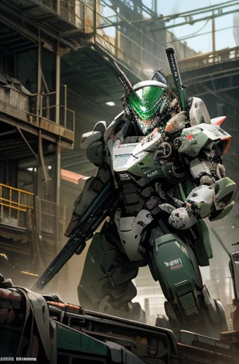 military robot,meca,droid,heaby armor massive,human_not,anime style,holding_beamrifle,masterpiece,masterpiece,best quality,super detailed,super fine illustration,8k,industry meca design,green color,giant size.Break in battlefield,煙,destroyed building,detailed background,Break the robot conflict with enemy.