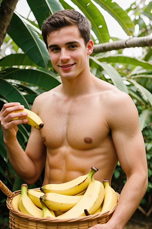 Young cute handsome white face beautiful smooth skin shirtless naked picking banana with a basket