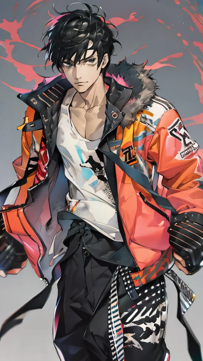 male、Tank top、Wearing a jacket and black trousers、Ragged black hair、Sloppy、solo、(Stubble)、Dynamic pose、shout、