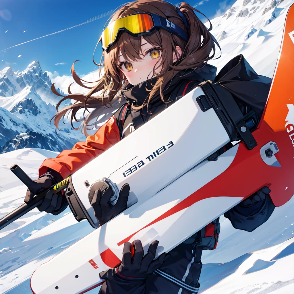 One woman((Snowboarder,winterの厚着)) background,(winter,Ski resort,Snow Mountain) Jumper,Protective goggles,Snowboarding woman,(Brown Hair,Yellow Eyes,Super Shine) Anime Style,Overall view Wind blowing Low angle