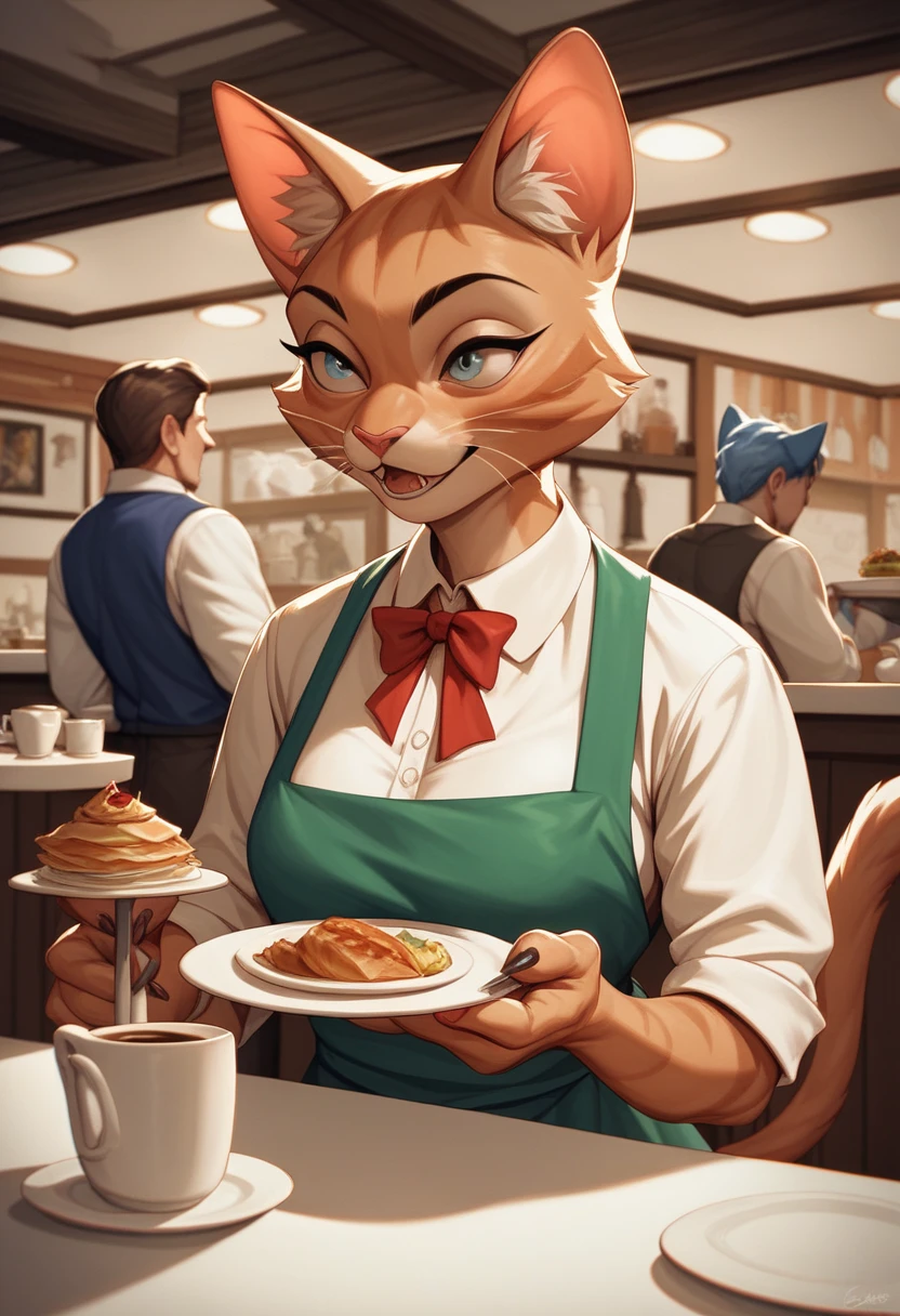 Anthropomorphic cat, human/cat hybrid, brown cat, masterpiece, high quality, cafe waiter, serving coffee to customers, Kodak 400, film grain, creative photo editing digital painting, cat's expression and movement as exaggerated as human