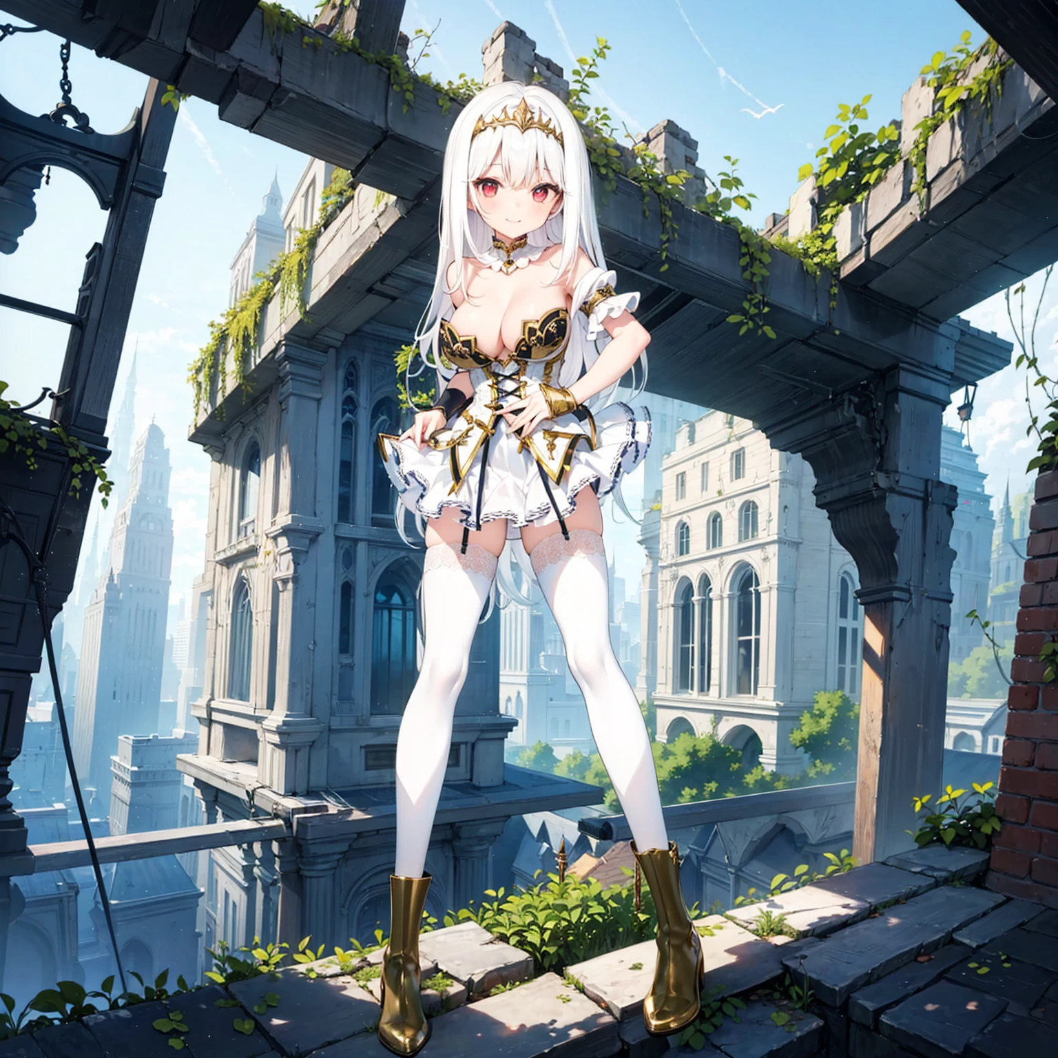 solo, standing skinny girl, long white hair, (white frilled white dress), (very short dress), (white frilled white tops), sheer dress, bared shoulders, too tight corset, white thighhighs, white thigh strap, BREAK, red eyes, BREAK, golden tiaras, carrying a saber at her waist, BREAK, (show off large perky breasts), cleavage, collarbone, BREAK, skinny long legs, show off thigh gap, hand on hip, BREAK, smile for viewer, (nsfw:1), slipping vagina, (slipping nipples)