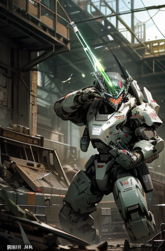 military robot,meca,droid,heaby armor massive,human_not,anime style,holding_beamrifle,masterpiece,masterpiece,best quality,super detailed,super fine illustration,8k,industry meca design,green color,giant size.Break in battlefield,煙,destroyed building,detailed background,Break the robot conflict with enemy.