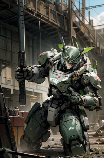 military robot,meca,droid,heaby armor massive,human_not,anime style,holding_beamrifle,masterpiece,masterpiece,best quality,super detailed,super fine illustration,8k,industry meca design,green color,giant size.Break in battlefield,煙,destroyed building,detailed background,Break the robot conflict with enemy.