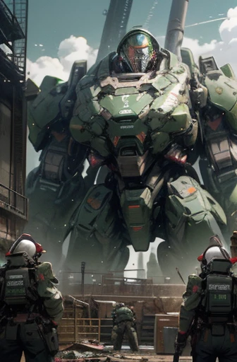 military robot,meca,droid,heaby armor massive,human_not,anime style,holding_beamrifle,masterpiece,masterpiece,best quality,super detailed,super fine illustration,8k,industry meca design,green color,giant size.Break in battlefield,煙,destroyed building,detailed background,Break the robot conflict with enemy.