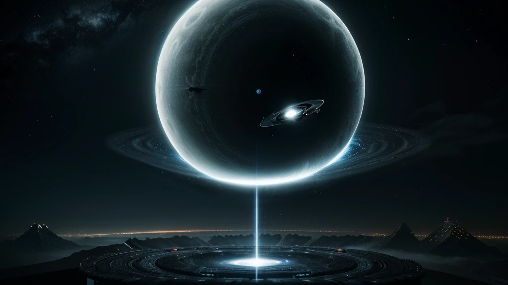 Sci-fi conceptual art, spiral Ying and Yang forces are core balancing factor of the world, wormhole, flying vehicle flying through, dark cosmos as background.