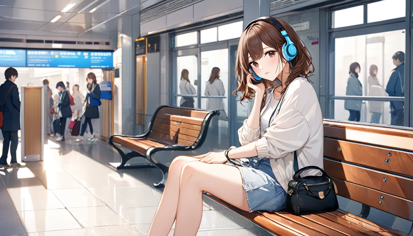 Brown-haired girl wearing headphones、Station waiting room very detailed、masterpiece, Highest quality, Light background：Modern station waiting room look：A look full of hope：Casual travel style pose：Scene of sitting on a bench：people々A quiet corner of the busy station
(Detailed fingers), (Emotional), (Breathtakingly beautiful), (main part:1.2 Whole body), (Anime Style), (Very detailed), (超High resolution, High resolution), (8k), (Complex and beautiful: 1.2)
