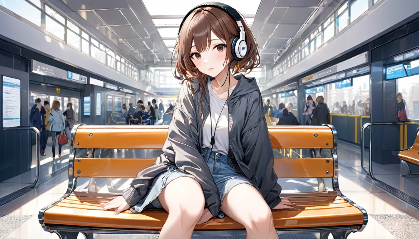 Brown-haired girl wearing headphones、Station waiting room very detailed、masterpiece, Highest quality, Light background：Modern station waiting room look：A look full of hope：Casual travel style pose：Scene of sitting on a bench：people々A quiet corner of the busy station
(Detailed fingers), (Emotional), (Breathtakingly beautiful), (main part:1.2 Whole body), (Anime Style), (Very detailed), (超High resolution, High resolution), (8k), (Complex and beautiful: 1.2)
