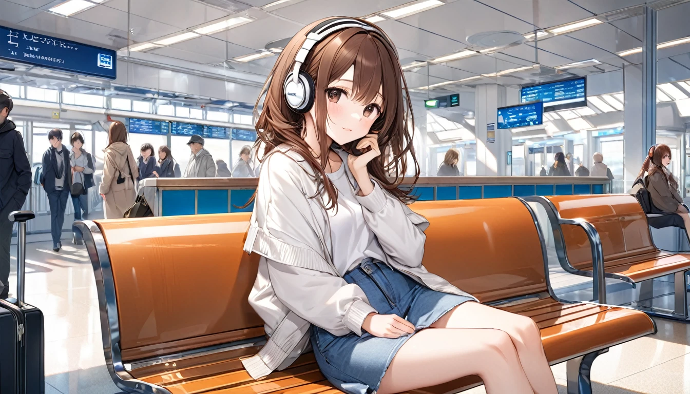 Brown-haired girl wearing headphones、Station waiting room very detailed、masterpiece, Highest quality, Light background：Modern station waiting room look：A look full of hope：Casual travel style pose：Scene of sitting on a bench：people々A quiet corner of the busy station
(Detailed fingers), (Emotional), (Breathtakingly beautiful), (main part:1.2 Whole body), (Anime Style), (Very detailed), (超High resolution, High resolution), (8k), (Complex and beautiful: 1.2)
