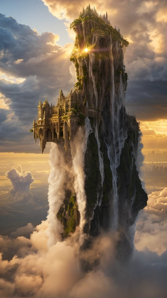 Majestic floating castle inspired by Laputa, emerging from massive cumulonimbus clouds over modern Tokyo skyline, bright daylight, clear blue sky, hyper-realistic, awe-inspiring, ancient meets futuristic architecture, intricate details, hanging gardens, waterfalls cascading from the island, faint energy field surrounding the structure, scale-breaking size dwarfing Tokyo skyscrapers, subtle glow from the castle, rays of sunlight breaking through clouds, ultra-high definition, photorealistic textures, atmospheric perspective, Golden Hour lighting
