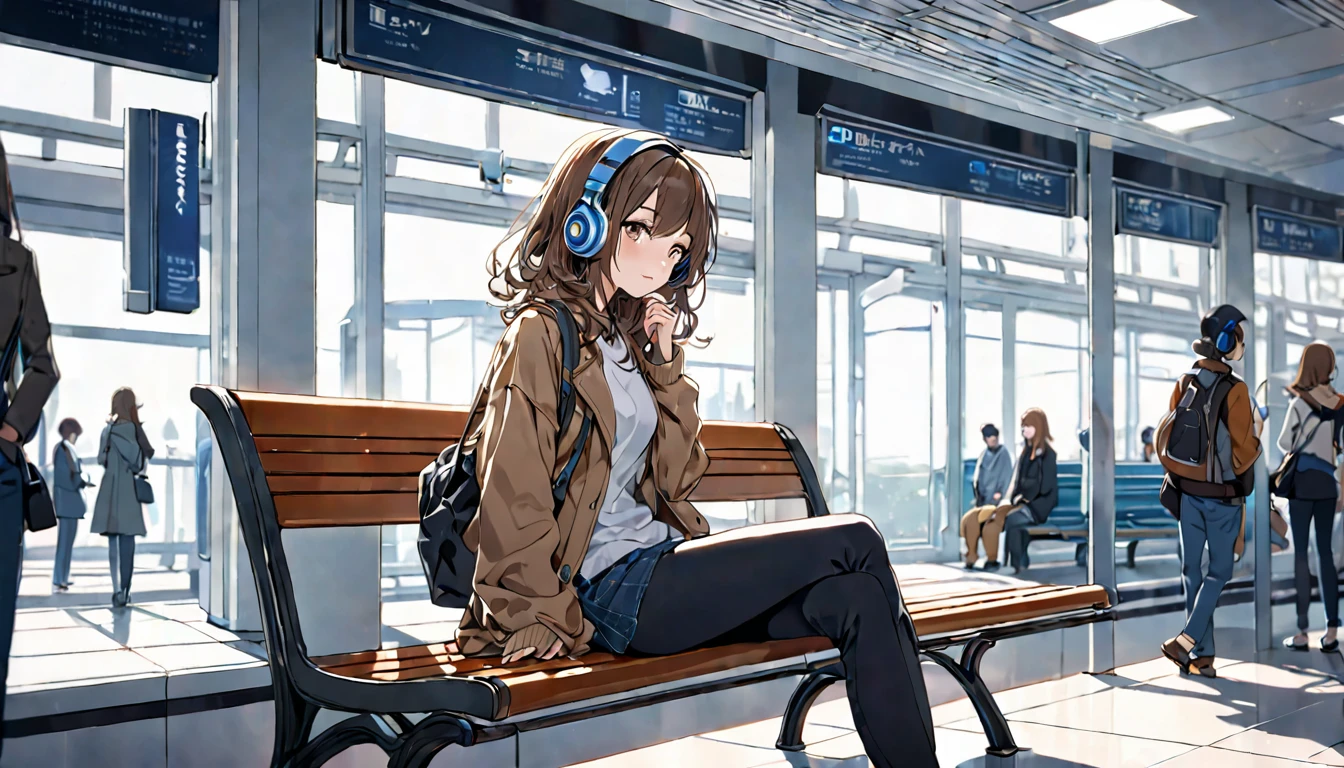 Brown-haired girl wearing headphones、Station waiting room very detailed、masterpiece, Highest quality, Light background：Modern station waiting room look：A look full of hope：Casual travel style pose：Scene of sitting on a bench：people々A quiet corner of the busy station
(Detailed fingers), (Emotional), (Breathtakingly beautiful), (main part:1.2 Whole body), (Anime Style), (Very detailed), (超High resolution, High resolution), (8k), (Complex and beautiful: 1.2)
