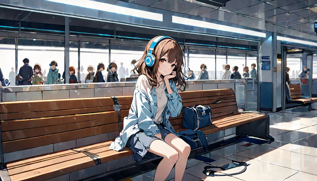 Brown-haired girl wearing headphones、Station waiting room very detailed、masterpiece, Highest quality, Light background:Modern station waiting room look:A look full of hope:Casual travel style pose:Scene of sitting on a bench:people々A quiet corner of the busy station
(Detailed fingers), (Emotional), (Breathtakingly beautiful), (main part:1.2 Whole body), (Anime Style), (Very detailed), (超High resolution, High resolution), (8k), (Complex and beautiful: 1.2)