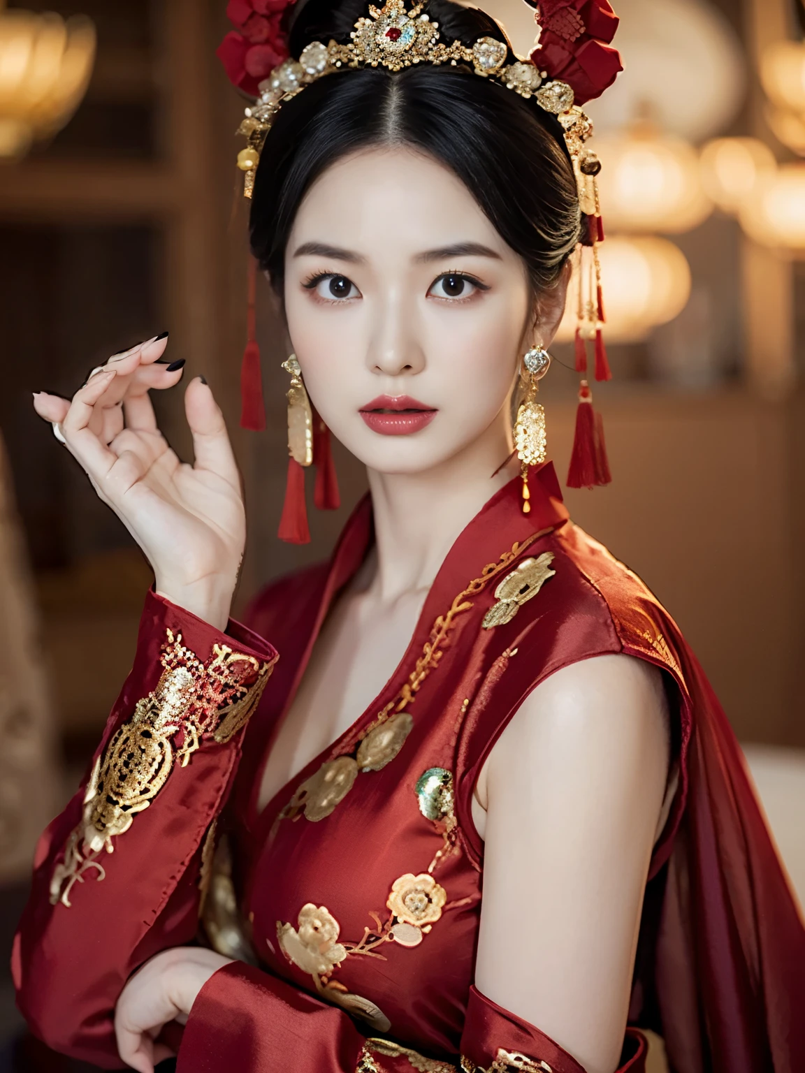 Close-up, Portrait, Chinese, 30 years-old, One of the three most beautiful women in the Chinese, A beauty known all over the world, (light Black hair, beautiful lip, serious, earring ), (big breasts, slender whist, wide hip ) ,(Silk Chinese clothing、Royal clothing, Chinese shoes ), ,perfect fingers and nails, beautiful fingers and nails, in Chinese haven
