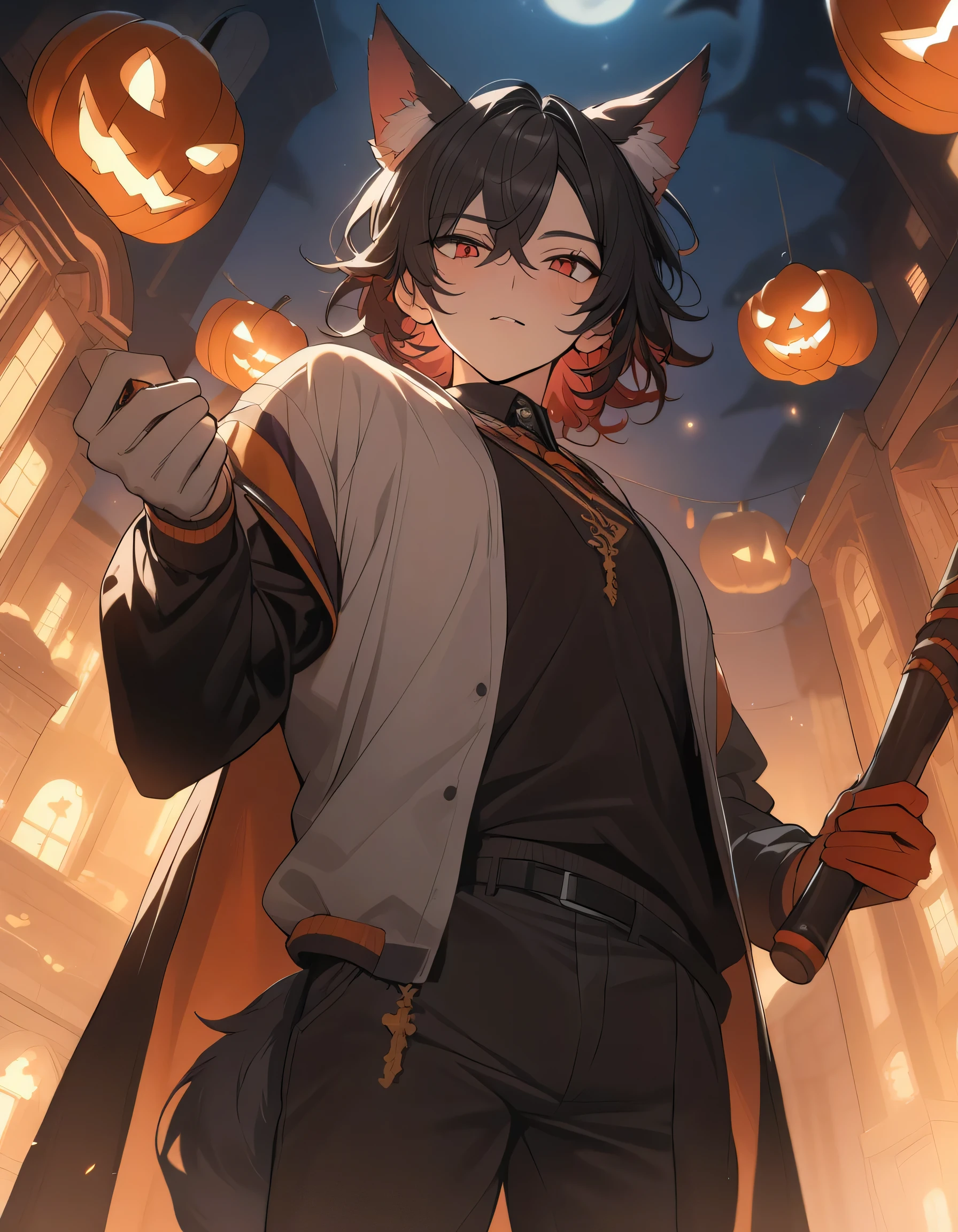 1male, (perfect quality), ultra-detailed, reddish amber eyes, longer dark black hair with reddish streaks, wolf ears, wolf tail, late s, Halloween prop in hand, cinematic angle, dark, Halloween decorated university background, masterpiece, best quality