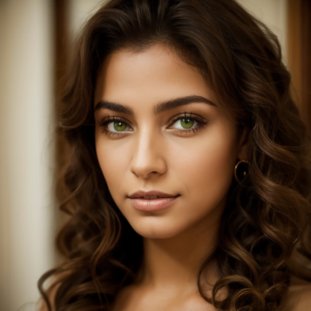 Brazilian woman, cinnamon curly green eyes