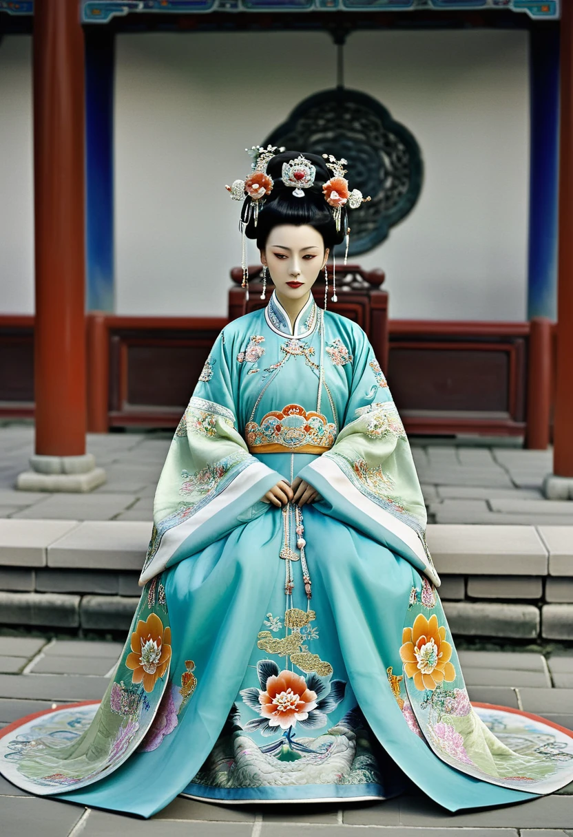 Qing Dynasty Empress in Chinese Imperial Court Playing with her pubic hair Qing Dynasty Empress Chinese Empress Wearing a Large Crown Her hair is decorated with a large flower and a large crown　 Her hair is tied up and pulled up. The background is the stone paving outside the Qing Dynasty.