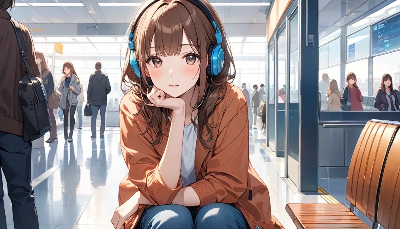 Brown-haired girl wearing headphones、Station waiting room very detailed、masterpiece, Highest quality, Light background：Modern station waiting room look：A look full of hope：Casual travel style pose：Scene of sitting on a bench：people々A quiet corner of the busy station
(Detailed fingers), (Emotional), (Breathtakingly beautiful), (main part:1.2 Whole body), (Anime Style), (Very detailed), (超High resolution, High resolution), (8k), (Complex and beautiful: 1.2)
