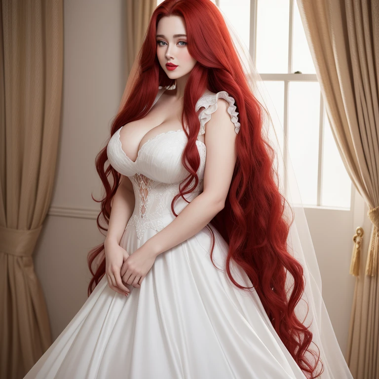 Adult female,Perfect face, red lips, green eyes, woman with long red hair with very long red hair, super long red hair with very super long red hair, plaits hairstyles, curvy body, bigger chest,big body , huge body,wearing wedding dress with white veil , full body suit, perfect body, perfect woman body.
