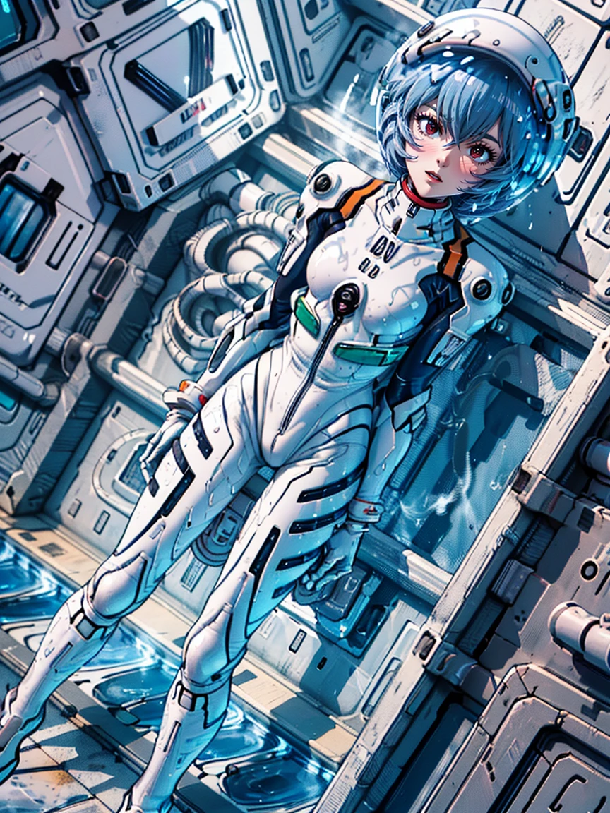 ((Highest quality, 8k wallpaper)),(masterpiece, Highest quality),Very detailed,High resolution,(Official Art:1.3),(((Anime screenshots,Black outline))),One girl,alone, Break mer1,(Rei Ayanami {neon genesis evangelion,}1.2),masterpiece, best quality, outdoor, 1girl, solo,red eyes,short hair,blue hair, (White plug suit:1.4), skin tight,(backlight, shaded face, cross-eyed, rolling eyes, empty eyes, jitome, raised eyebrows, one eye closed:1.3),(((Covered in sweat, Mass sweat, Sweating profusely,steam,full-face helmet:1.7))), (((fighting stance, knees together feet apart, leaning forward, holding own arms, bent legs:1.8))),(((solo, cowboy shot:1.7))),