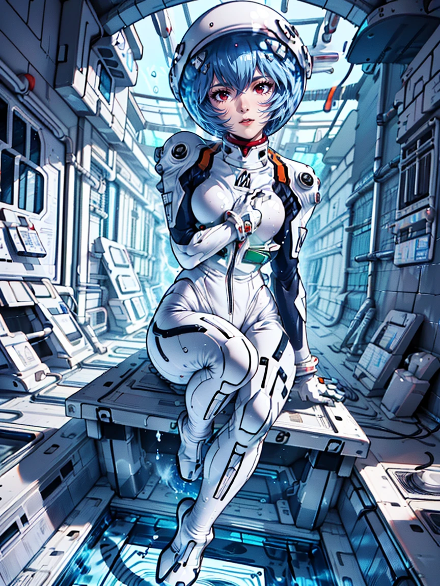 ((Highest quality, 8k wallpaper)),(masterpiece, Highest quality),Very detailed,High resolution,(Official Art:1.3),(((Anime screenshots,Black outline))),One girl,alone, Break mer1,(Rei Ayanami {neon genesis evangelion,}1.2),masterpiece, best quality, outdoor, 1girl, solo,red eyes,short hair,blue hair, (White plug suit:1.4), skin tight,(backlight, shaded face, cross-eyed, rolling eyes, empty eyes, jitome, raised eyebrows, one eye closed:1.3),(((Covered in sweat, Mass sweat, Sweating profusely,steam,full-face helmet:1.7))), (((fighting stance, knees together feet apart, leaning forward, holding own arms, bent legs:1.8))),(((solo, cowboy shot:1.7))),