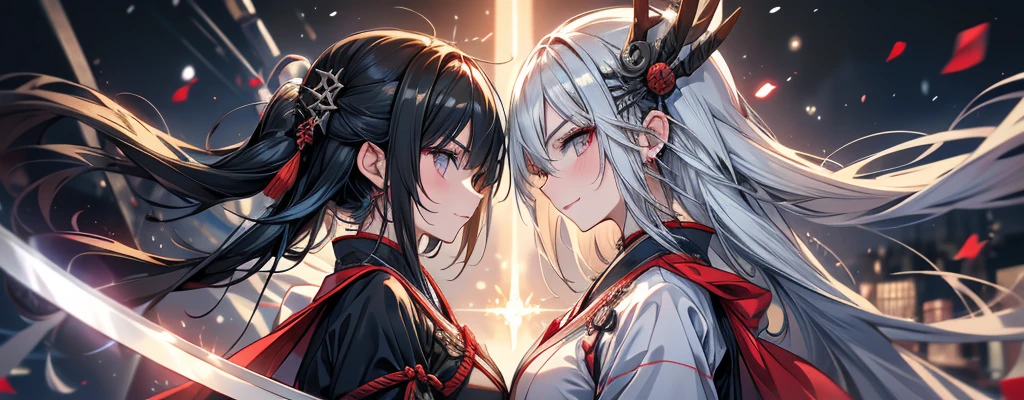 Two women facing each other with Japanese swords Whole body shot Japanese clothing Black and silver hair tall Narrow eyes smile Glare frivolous attitude Insanity Sparks battlefield
