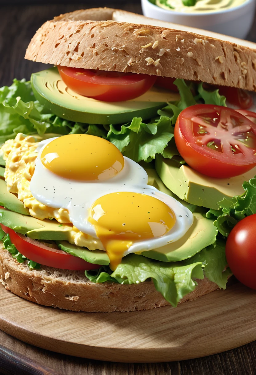 the sandwich is served on fluffy, long, thin bread, and contains a (mixture of scrambled eggs and mayonnaise), avocado, sliced ​​onions, sliced ​​tomatoes, lettuce, (ultra detailed, absolutely resolution, best quality:1.3), 2.5D, delicate and dynamic, artistic photography, hyper realistic, graphic CG digital art