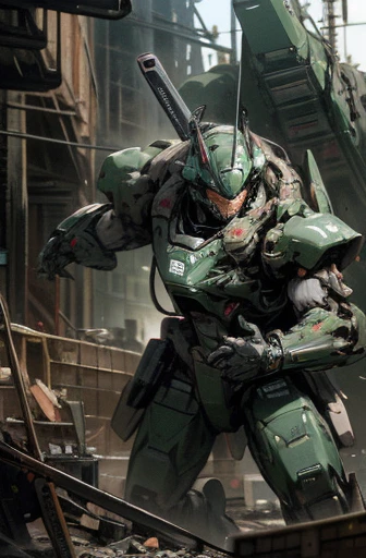 military robot,meca,droid,heaby armor massive,human_not,anime style,holding_beamrifle,masterpiece,masterpiece,best quality,super detailed,super fine illustration,8k,industry meca design,green color,giant size.Break in battlefield,煙,destroyed building,detailed background,Break the robot conflict with enemy.