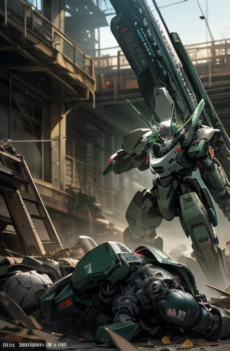 military robot,meca,droid,heaby armor massive,human_not,anime style,holding_beamrifle,masterpiece,masterpiece,best quality,super detailed,super fine illustration,8k,industry meca design,green color,giant size.Break in battlefield,煙,destroyed building,detailed background,Break the robot conflict with enemy.