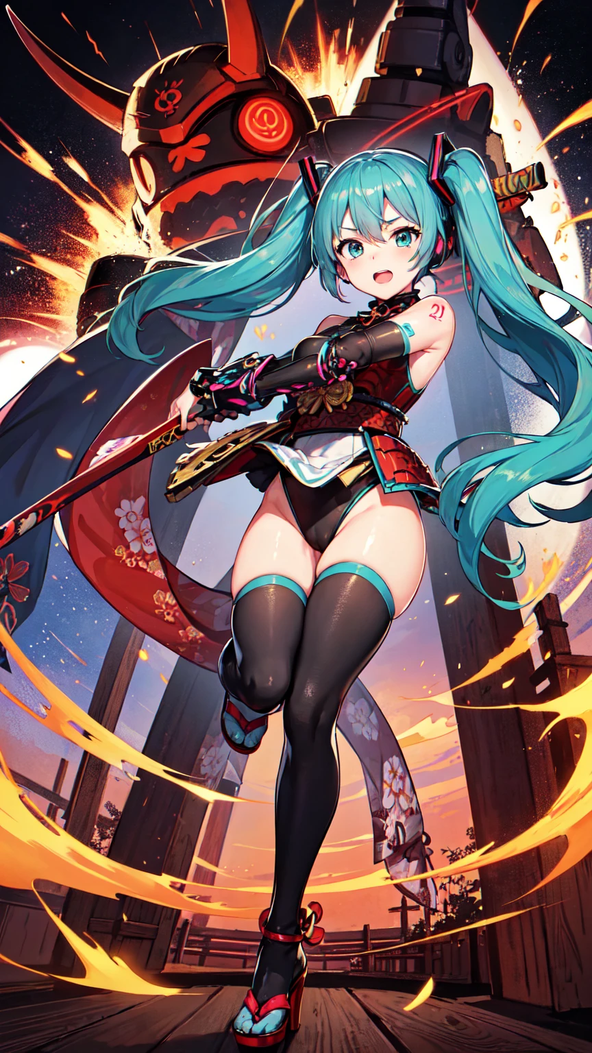 Adult women, Hatsune Miku, 美Funny face, Samurai Girl((Japan Armor Musha)), (重電脳leotard), cyber punk, High heels, masterpiece, Highest quality, Ultra fine, Rin々Funny face, Anime Visual, leotard, sf, good_face: 0.8