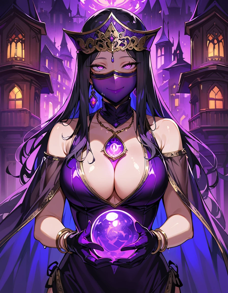1 mature woman,,(Highest quality,Extremely detailed depiction,Incredibly absurd high resolution,Anatomically accurate depiction,Curvy Legs),(Glowing Skin,Shiny skin),(Glowing Skin,Shiny skin,Oilskin),(Sexy fortune teller),(A face veil that hides the mouth:1.5),(Luxurious accessories,Earrings,necklace,Bracelet,Long gloves,Sexy Costumes,See-through,black tights),eyelash,A little sweat,(Purple Eyes,Detailed pupil,Half-closed eyes:1.5,Crazy Eyes,There is cleavage in the chest,Bewitching Smile,glossy purple lipstick),(Holding a mysteriously glowing crystal ball),background：Fortune Telling House,Mysterious atmosphere