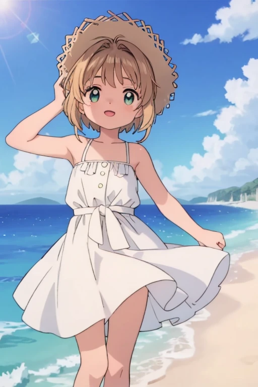 High resolution backgrounds,Beautiful background,anime, cute,Midsummer Beach,Cumulonimbus clouds floating on the horizon,Reflective and sparkling sea surface,,A white summer dress with only straps around the shoulders,Chestnut Hair,Short Bob Hair,barefoot,Happy expression,White straw hat,Lens flare,The hem of a skirt fluttering in the wind,Cowboy Shot