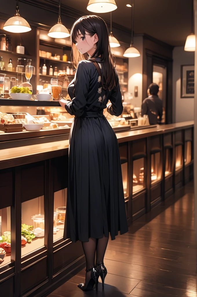(masterpiece:1.3),(best quality, highest quality),((Full Body Shot,Including face)),girl2s,4K,masterpiece,((Focus on the face)),((Symmetrical facial features)),Beautiful woman,(slender),((High heels,Patterned stockings with straps)),Detailed depiction of the face, Cafe clerk ,In front of the bar counter,profile,Long skirt,slenderな女性,Cafe uniform,Back view,Age 25