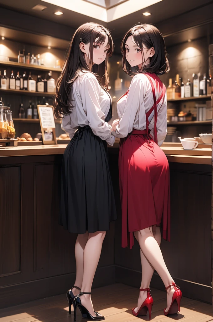 (masterpiece:1.3),(best quality, highest quality),((Full Body Shot,Including face)),girl2s,4K,masterpiece,((Focus on the face)),((Symmetrical facial features)),Beautiful woman,(slender),((High heels,Patterned stockings with straps)),Detailed depiction of the face, Cafe clerk ,In front of the bar counter,profile,Long skirt,slenderな女性,Cafe uniform,Back view,Age 25