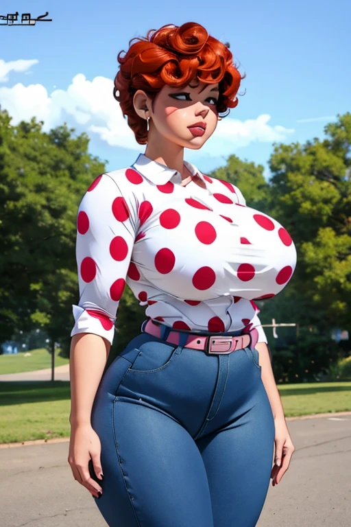 (best quality), (masterpiece), 1 girl, early 20's, huge heavy breasts, busty, massive breasts, thick, thick lips, wide hips, thin waist, LeeK, polka dot shirt, denim pants, belt