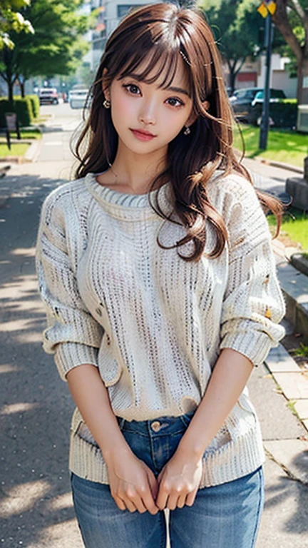 1 girl, Very bright backlight, alone, {Beautiful and detailed},Autumn Day, Calm expression, Natural and soft light, Silver hair fluttering in the wind, Delicate facial features, Blunt bangs, Beautiful Japanese Girl, Eye smile, Very small earrings, 29-year-old, ((Model pose)),(Colorful Hair, half red, Half brown hair:1.2), Fluffy grains, Real Hands, masterpiece, highest quality, Realistic, Very detailed, In detail, High resolution,Brown messy hair, Perfect dynamic composition, Beautiful details, Asian Girl,((Feeling anxious or embarrassed.)),Sharp focus, beauty mix, Film Girl,smile,(Wearing a sexy oversized knit sweater,meanwhile:1.5),Nice ass,Tight jeans,Accurate Arm,Accurate Fingers,