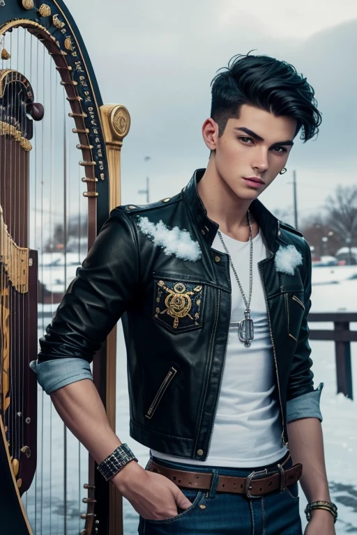 Benjamin Ayres, 20 year old boy wearing an unbuttoned brown jacket, blue T-shirt with snow print, Short black hair, punk style, yellow locks, black jeans, green eyes, Black leather strap, silver buckle, slim muscular physique, cross medallion, silver bracelet, looking directly at the viewer, holding a harp