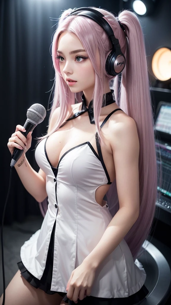 (A photo of a beautiful girl in fashionable casual clothes wearing headphones and singing into a recording microphone in a recording studio was posted on social media.) (The beautiful girl is , 18% Japanese, 26% French, and 56% Ukrainian, 178 cm tall, small bust but stylish, with a beautiful, well-balanced figure.) (Her hair is pink ash gray and super long, tied in twin tails with black ribbons, and curls in a spiral toward the tip.) (Her eyebrows are the same color as her hair, thin, slightly thick and short, and her eyelashes are long.) (Her large blue eyes reflect the light of the lighting and are amazingly beautiful like pearls.) (Her nose is high like an English person, her lips are plump and shaped so that you want to kiss them, her skin is translucent white, and the balance between her head and face is in line with traditional Japanese aesthetics.) Her hands should have five fingers. Furthermore, even her nails are drawn very delicately. (Single, Masterpiece, Ultra Detailed, Highest Quality, Artistic Composition, Ultra Precision, Realistic, Photorealistic, High Resolution, Dynamic Lighting Effects, Golden Ratio, Surreal). Try your best to meet all these criteria.