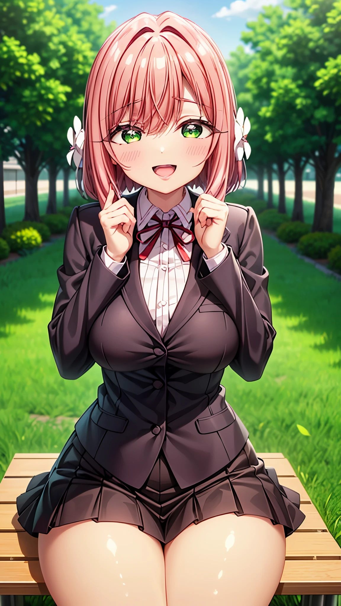 ((whole body)), cinematic lighting, masterpiece, cowboy shot, blush, eyelashes, hanazono Hakari, ((1 girl)), alone, open mouth, smile, skirt, uniform, teeth, thighs, shiny skin, hair decorations, hair flowers, sitting, bench, hands on thighs, bushy thighs, blue sky, outdoors, buildings, grass, trees, park, big breasts, medium waist, wide hips, wide thighs, excellent anatomy, excellent hands, green eyes, large breasts, medium waist , wide hips, wide thighs, excellent anatomy, excellent hands