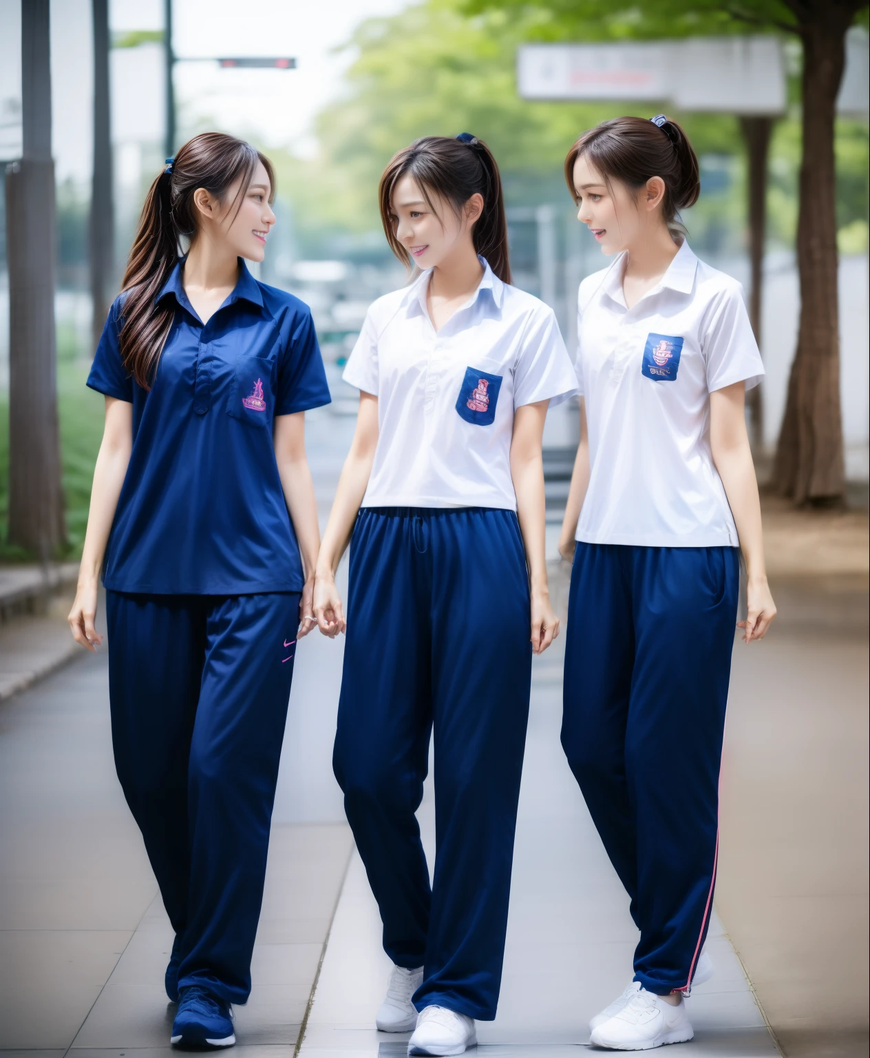 3 girls in fitness center, Navy blue short-sleeved shirt,Navy Long Trackpant,Sweatpants, Sweatpantsขายาว,25 year old girl, lesbian, sexy, exercise clothes, wet body, exercise clothes
