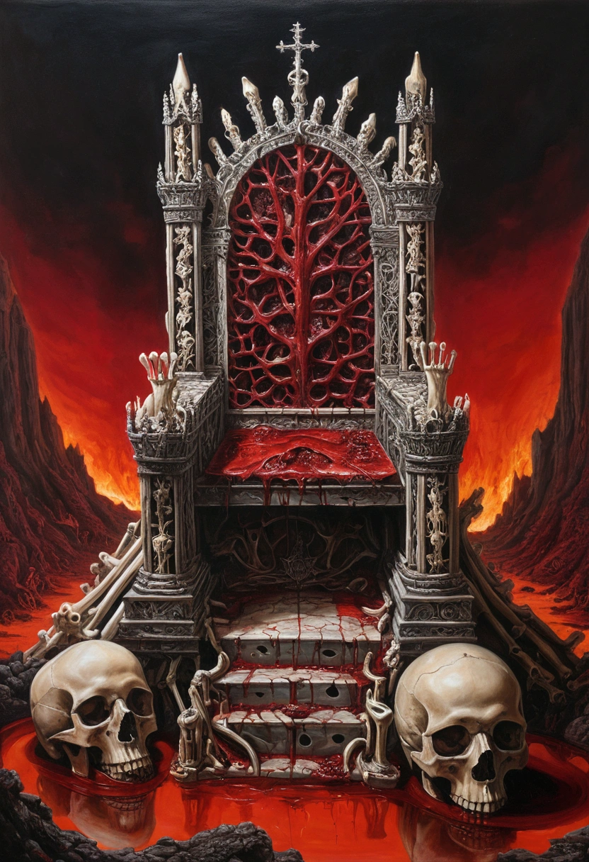A throne made out of bones, hell landscape, pool of blood, art by Tim Jacobus, oil painting