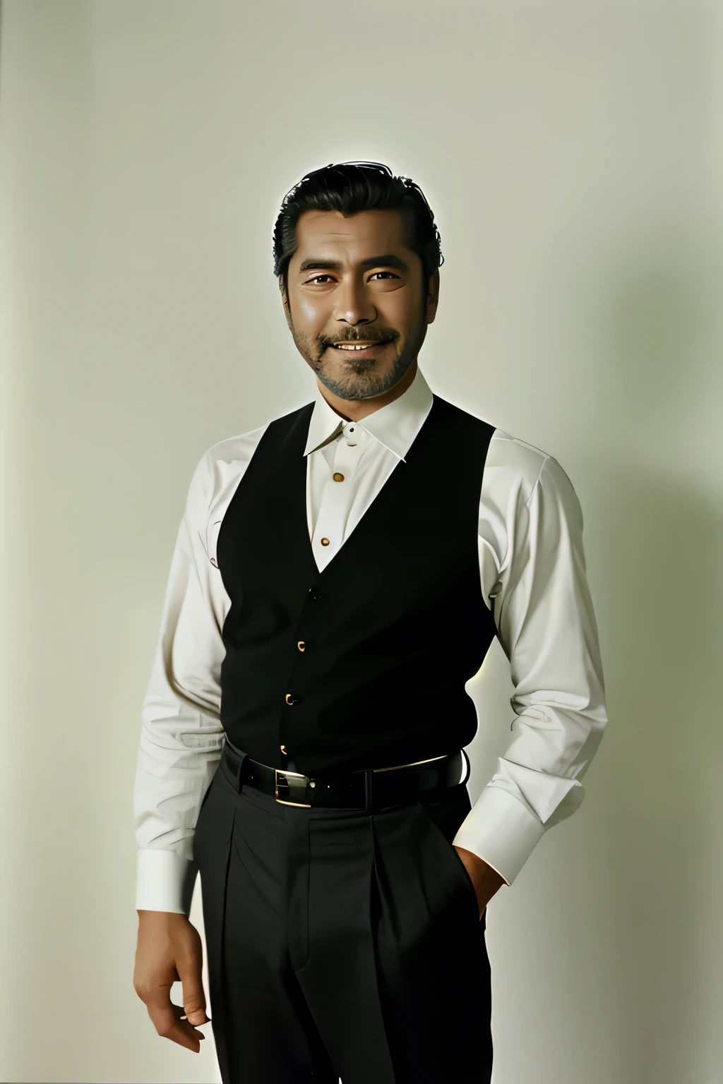 cinematic photo celebrity photo, professional portrait,
(masterpiece, realistic, best quality, high quality, highres, ultra-detailed), 
smiling and handsome Toshiro Mifune 
with a salt and pepper beard and Short and Slicked back hair
posing in a 1950s \(style\) 
Rei Kawakubo tailored White button-down shirt, black suspenders, black trousers Black socks and loafers	Black leather belt, silver watch
beautiful lighting, rule of thirds, simple backdrop, incredibly detailed fabrics, fine fabric emphasis, simple background,
detailed face in style of Chuck Close . 35mm photograph, film, bokeh, professional, 4k, highly detailed