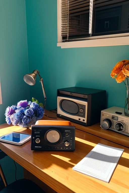 A picture of a radio on a desk on a sunny day, with pad thai next to it and blue roses next to it