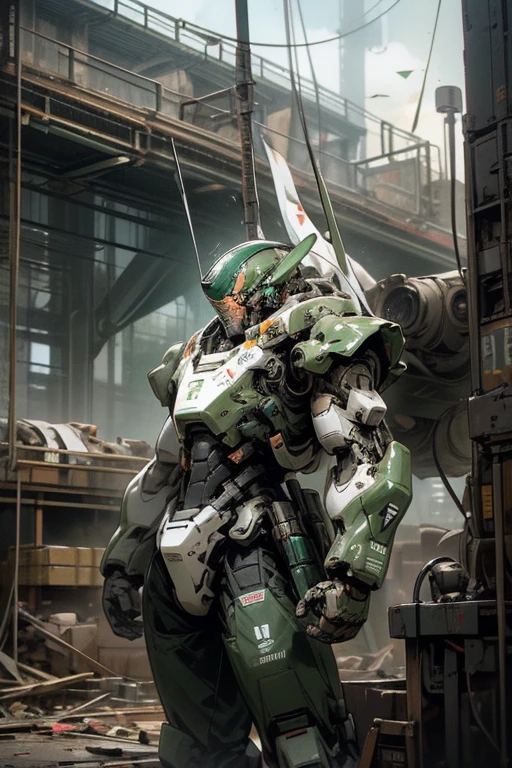 military robot,meca,droid,heaby armor massive,human_not,anime style,holding_beamrifle,masterpiece,masterpiece,best quality,super detailed,super fine illustration,8k,industry meca design,green color,giant size.Break in battlefield,煙,destroyed building,detailed background,Break the robot conflict with enemy.