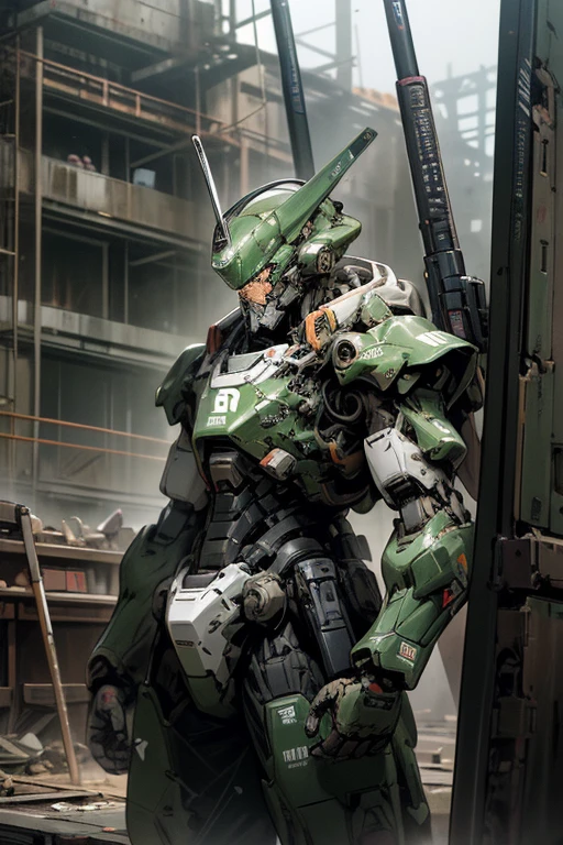 military robot,meca,droid,heaby armor massive,human_not,anime style,holding_beamrifle,masterpiece,masterpiece,best quality,super detailed,super fine illustration,8k,industry meca design,green color,giant size.Break in battlefield,煙,destroyed building,detailed background,Break the robot conflict with enemy.
