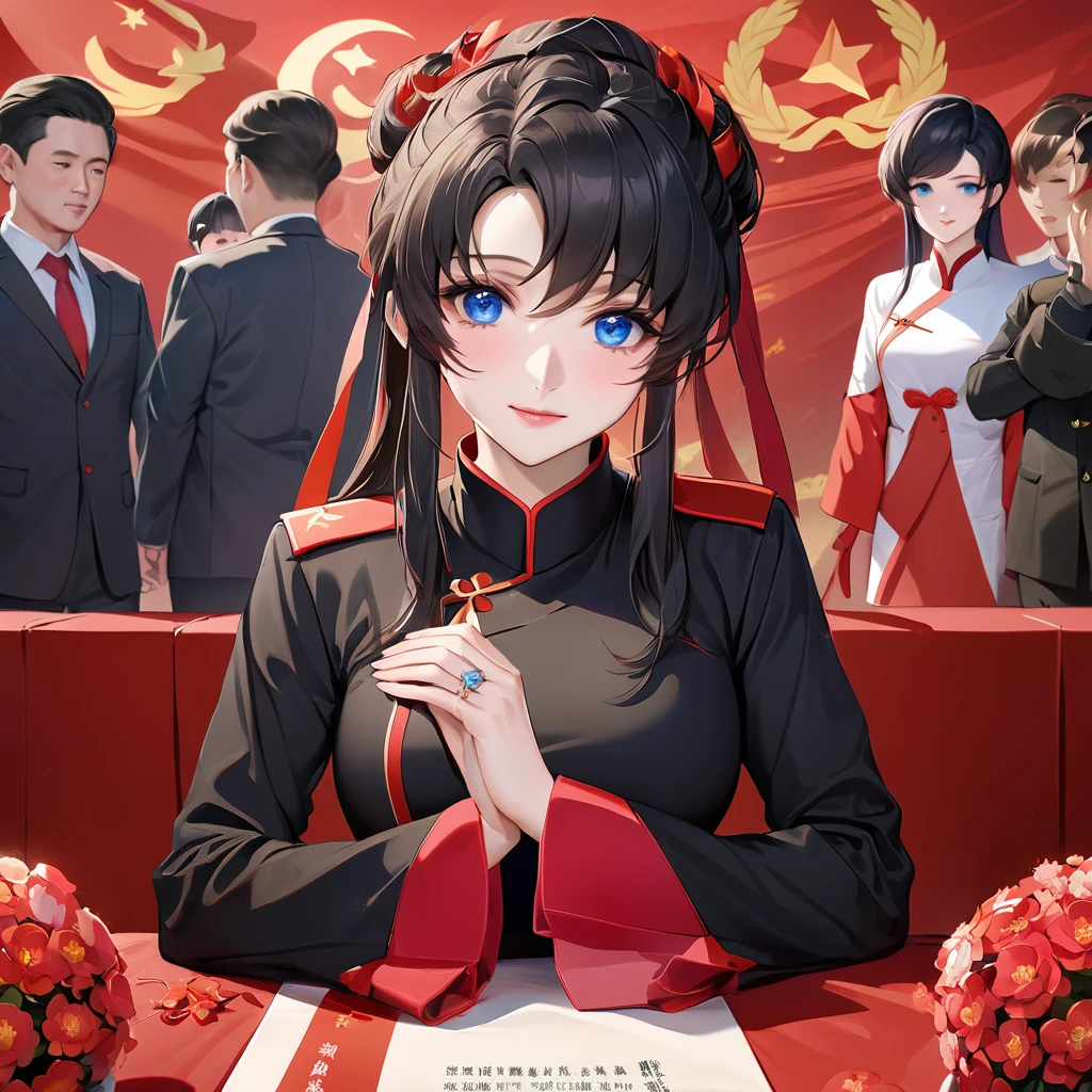 ((Highest quality)), ((masterpiece)), (detailed), （Perfect Face）、The woman is a Chinese Lacus Clyne with blue eyes and medium-long black hair. She is wearing an engagement ring. She has become a member of the glorious Chinese Communist Party and has sworn absolute loyalty to the Chinese Communist Party. She is a righteous Communist Party member of China.、The woman is dressed in the fine attire of a Chinese Communist Party member.、For the sake of China, they dye their hair, hairstyle, clothes, and everything they wear belongs to the Chinese Communist Party, and their thoughts are also Chinese, becoming great Chinese in body and mind.、The woman became Lacus Clyne, a Chinese woman who was proud of and loved China.