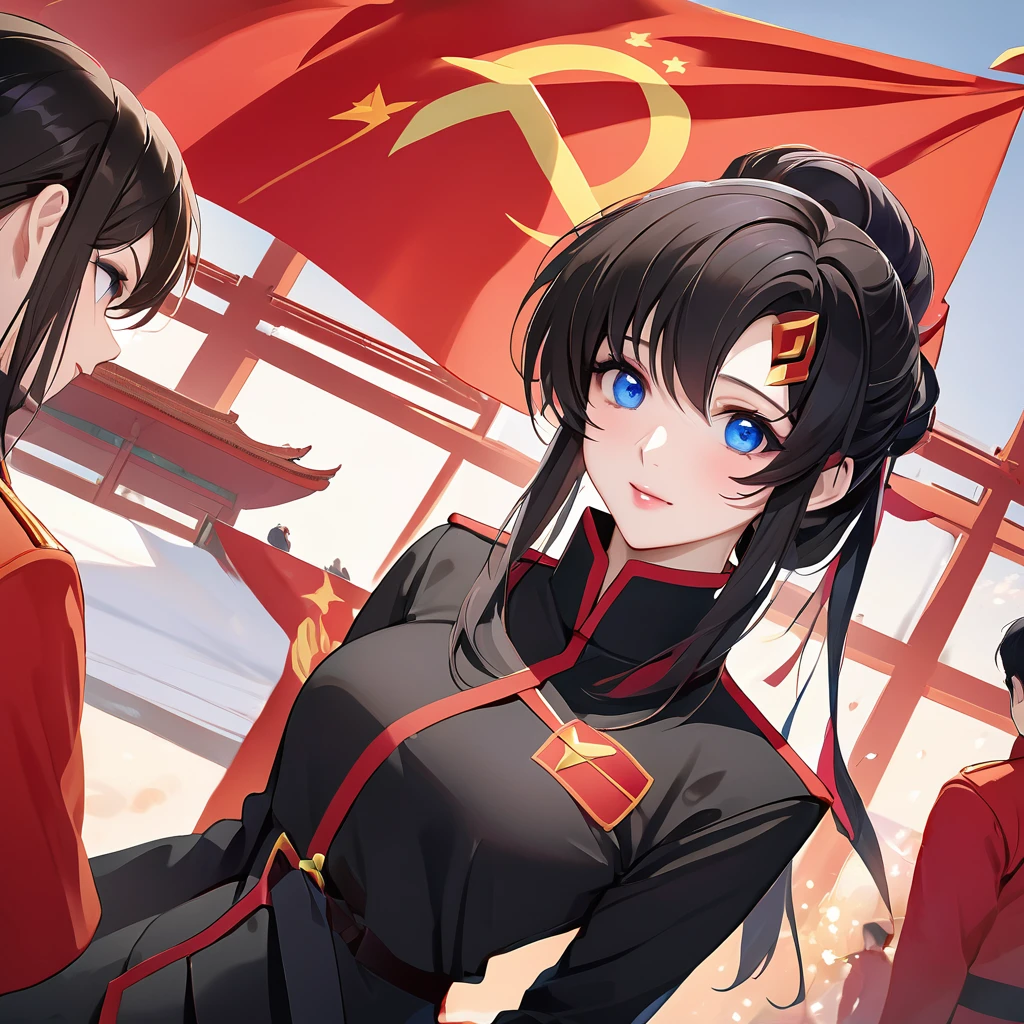 ((Highest quality)), ((masterpiece)), (detailed), (Perfect Face)、The woman is a Chinese Lacus Clyne with blue eyes and medium-long black hair. She is wearing an engagement ring. She has become a member of the glorious Chinese Communist Party and has sworn absolute loyalty to the Chinese Communist Party. She is a righteous Communist Party member of China.、The woman is dressed in the fine attire of a Chinese Communist Party member.、For the sake of China, they dye their hair, hairstyle, clothes, and everything they wear belongs to the Chinese Communist Party, and their thoughts are also Chinese, becoming great Chinese in body and mind.、The woman became Lacus Clyne, a Chinese woman who was proud of and loved China.