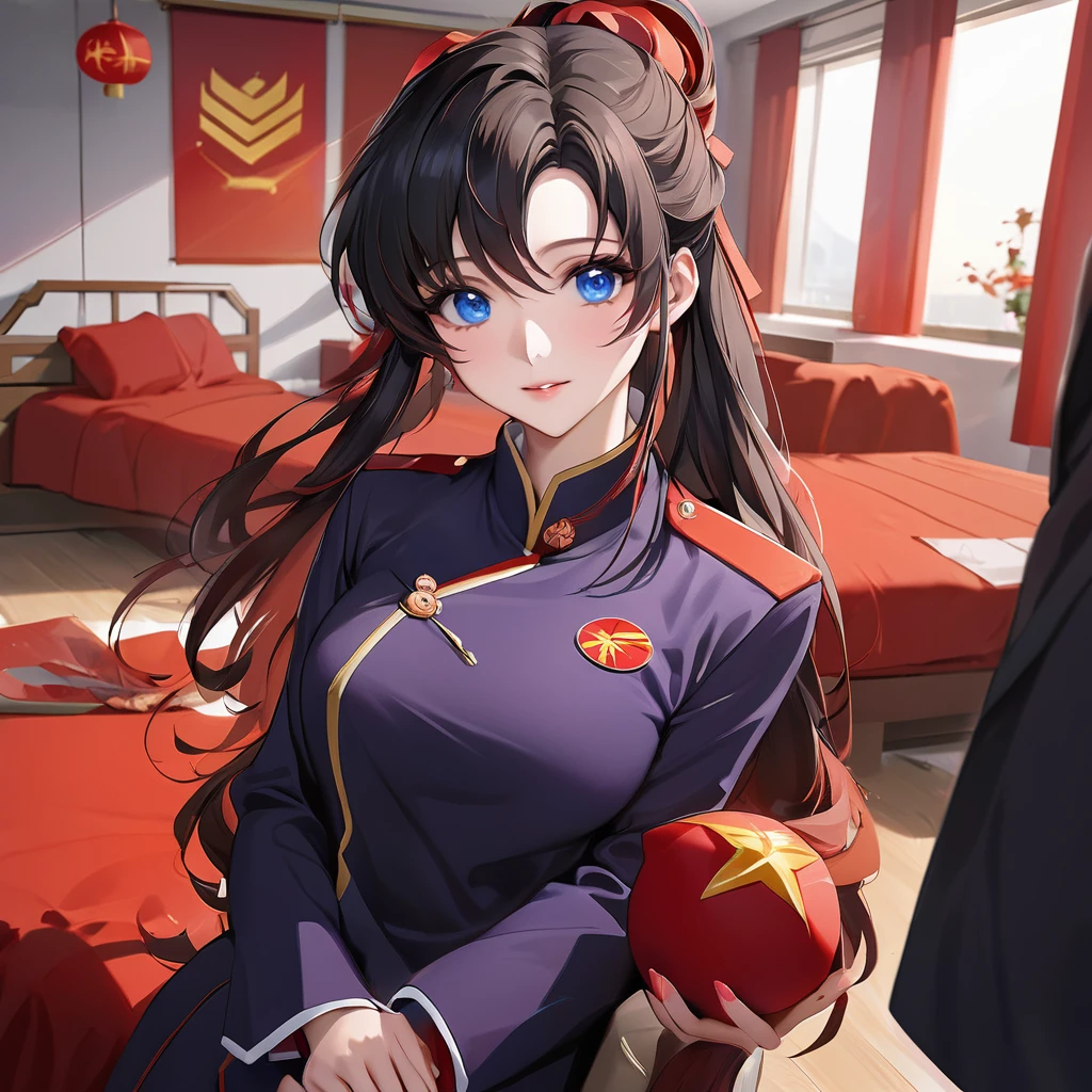 ((Highest quality)), ((masterpiece)), (detailed), （Perfect Face）、The woman is a Chinese Lacus Clyne with blue eyes and medium-long black hair. She is wearing an engagement ring. She has become a member of the glorious Chinese Communist Party and has sworn absolute loyalty to the Chinese Communist Party. She is a righteous Communist Party member of China.、The woman is dressed in the fine attire of a Chinese Communist Party member.、For the sake of China, they dye their hair, hairstyle, clothes, and everything they wear belongs to the Chinese Communist Party, and their thoughts are also Chinese, becoming great Chinese in body and mind.、The woman became Lacus Clyne, a Chinese woman who was proud of and loved China.