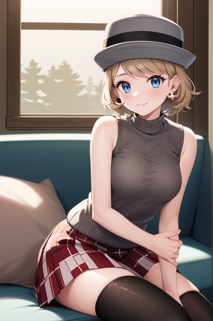 masterpiece, best quality, highres, ccserena, solo, short hair, (grey headwear:1.2), earrings, eyelashes, blue eyes, grey sweater, sweater vest, sleeveless turtleneck, bare arms, plaid skirt, red skirt, black thighhighs, sitting, indoors, window, happy, sofa, room 
